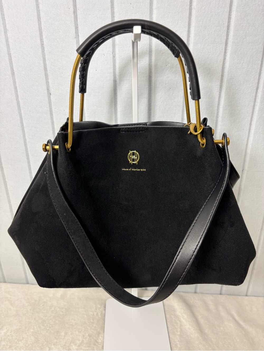 HOUSE OF HARLOW 1960 BLACK FAUX SUEDE LUXE SATCHEL WRISTLET BAG